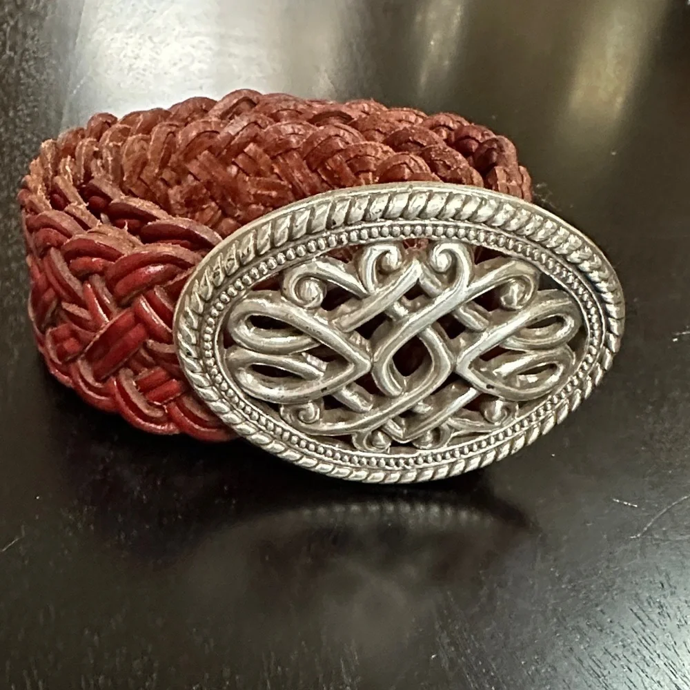 Vintage Celtic design pewter belt buckle with cherry red brown braided belt